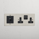Double Socket + USB A+C Port Fast Charge - Polished Nickel Black