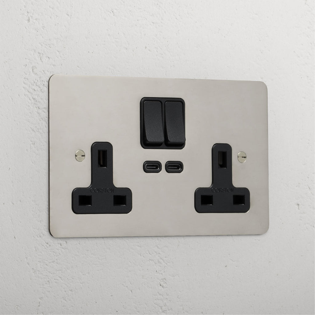 Double Socket with USB-C Fast Charge - Polished Nickel Black
