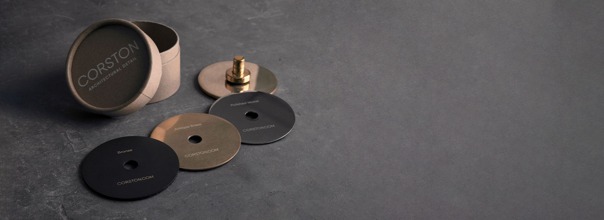 Corston sample finishes in bronze, antique brass, unlacquered brass and polished nickel